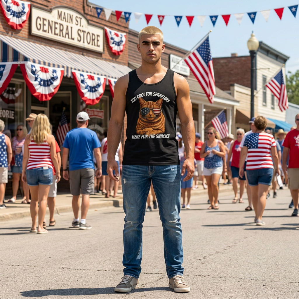 Patriotic Cat Tank — "Too Cool for Sparklers, Here for the Snacks"