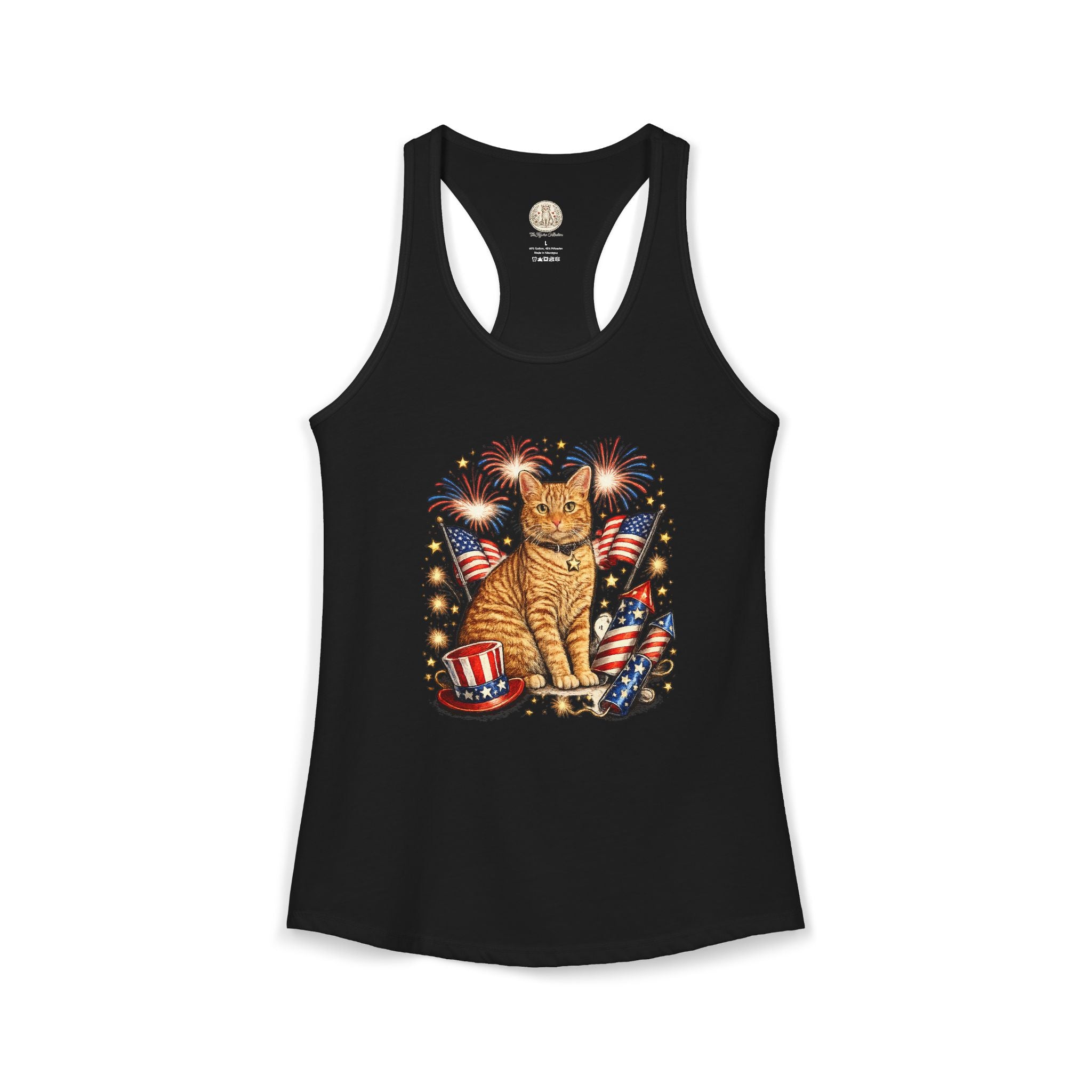 Fourth of July Orange Cat Racerback Tank — "Happy Birthday America" Red White Blue