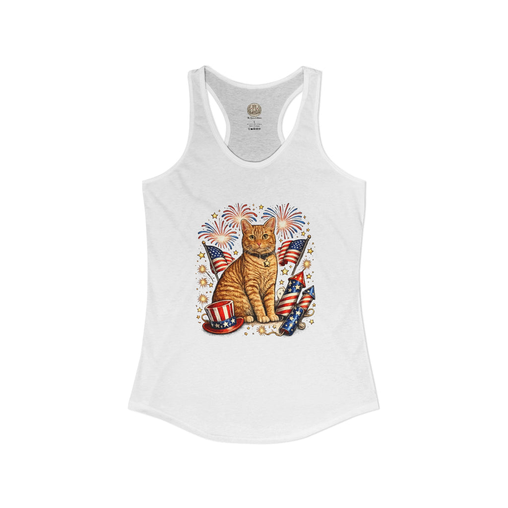 Fourth of July Orange Cat Racerback Tank — "Happy Birthday America" Red White Blue