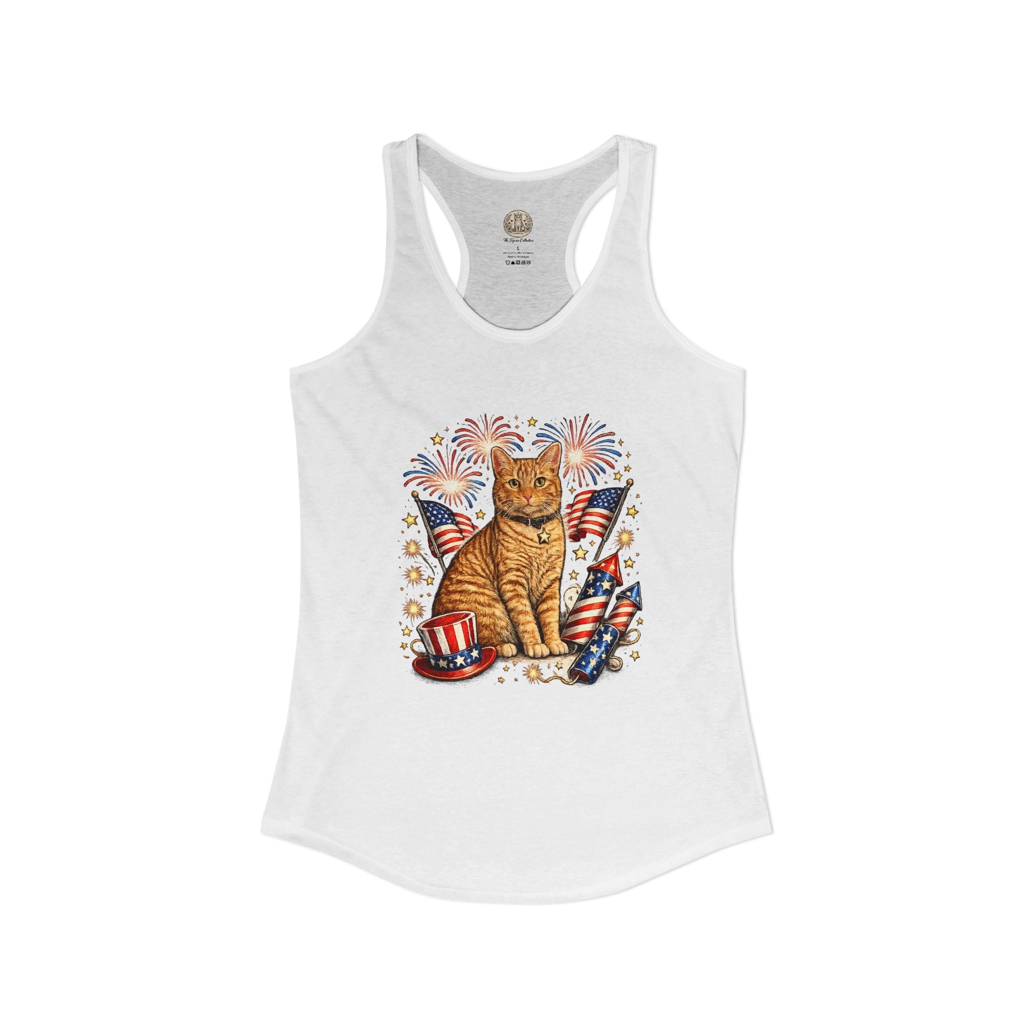 Fourth of July Orange Cat Racerback Tank — "Happy Birthday America" Red White Blue