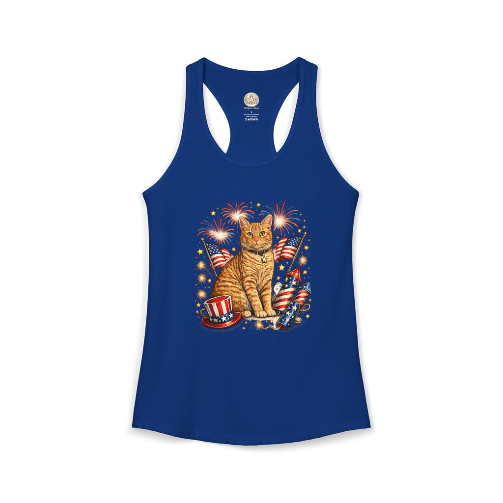 Fourth of July Orange Cat Racerback Tank — "Happy Birthday America" Red White Blue