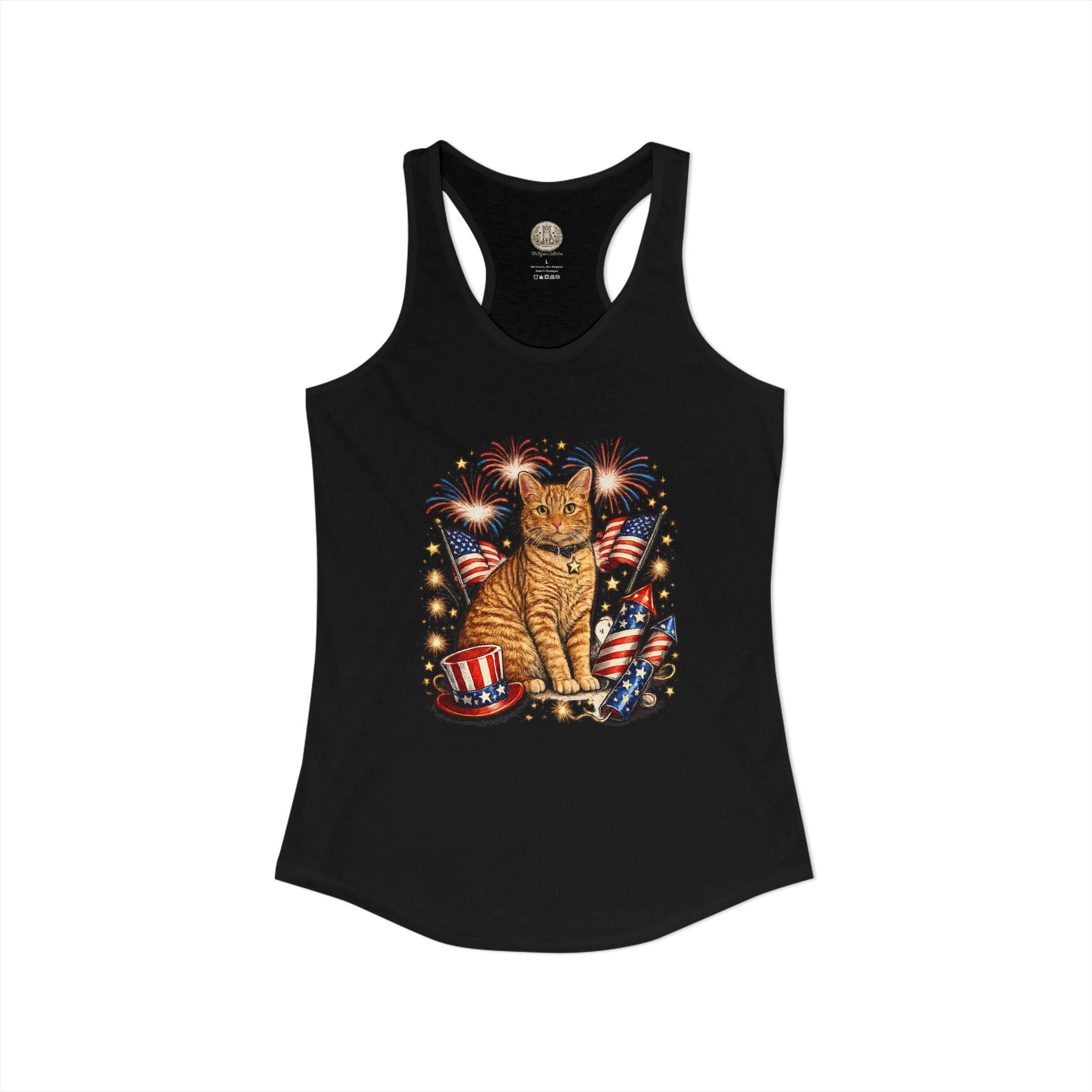 Fourth of July Orange Cat Racerback Tank — "Happy Birthday America" Red White Blue