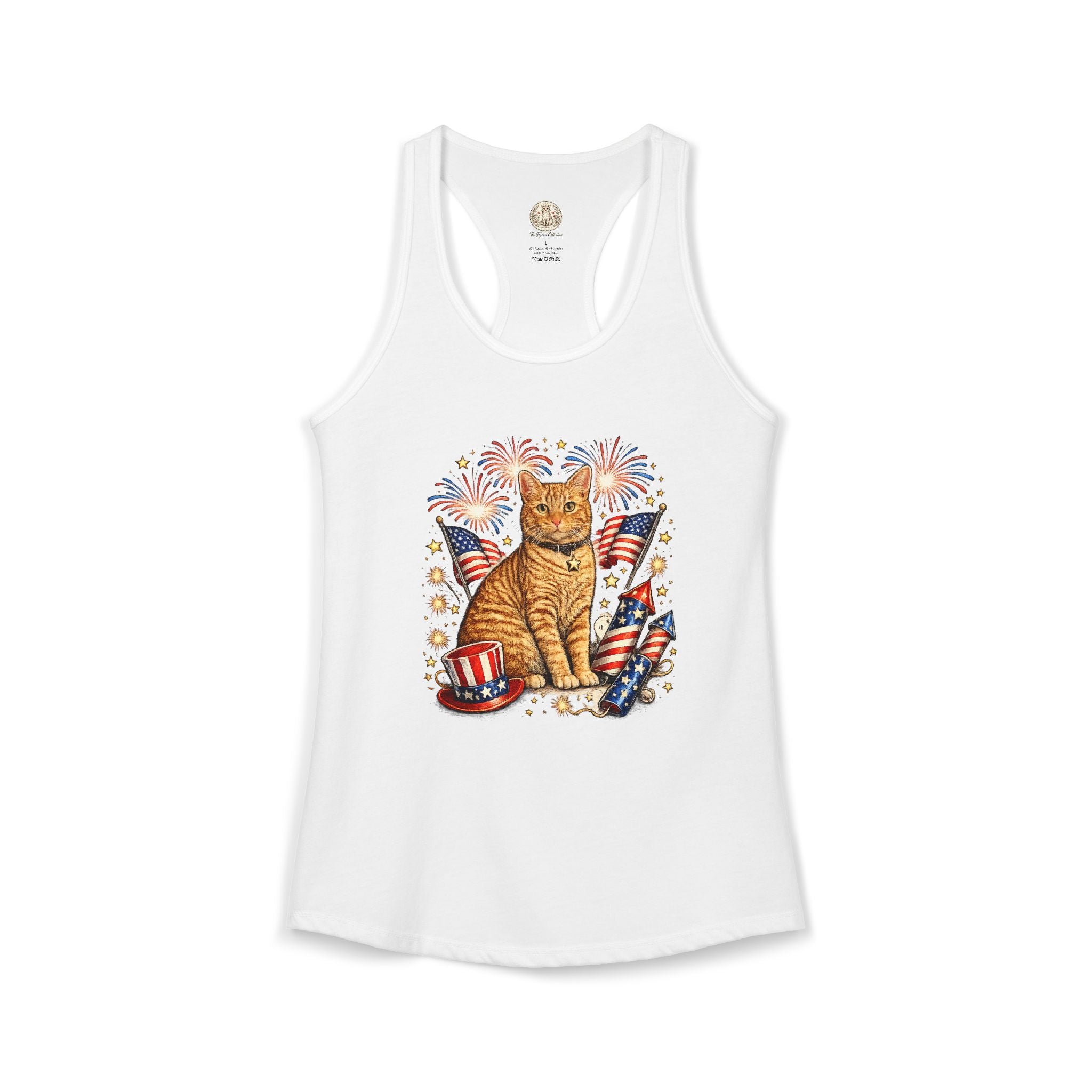 Fourth of July Orange Cat Racerback Tank — "Happy Birthday America" Red White Blue