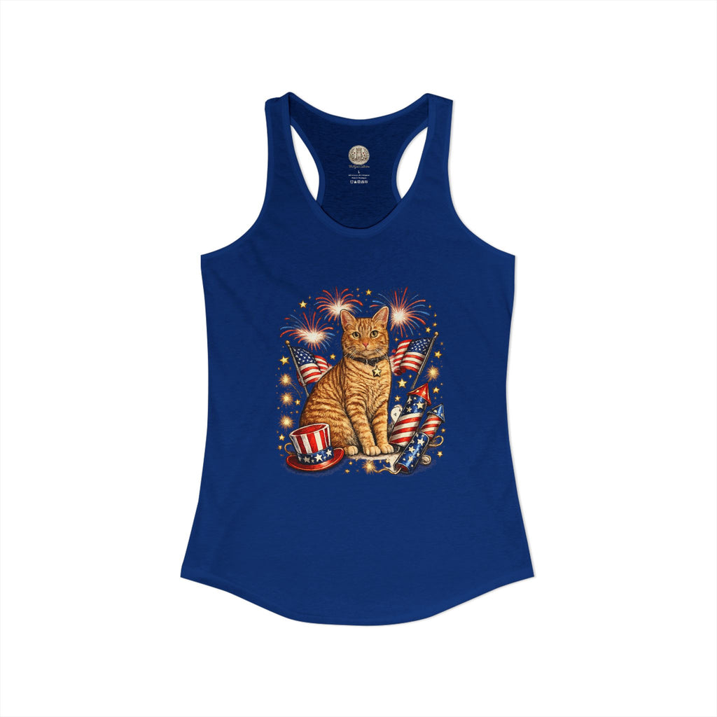 Fourth of July Orange Cat Racerback Tank — "Happy Birthday America" Red White Blue