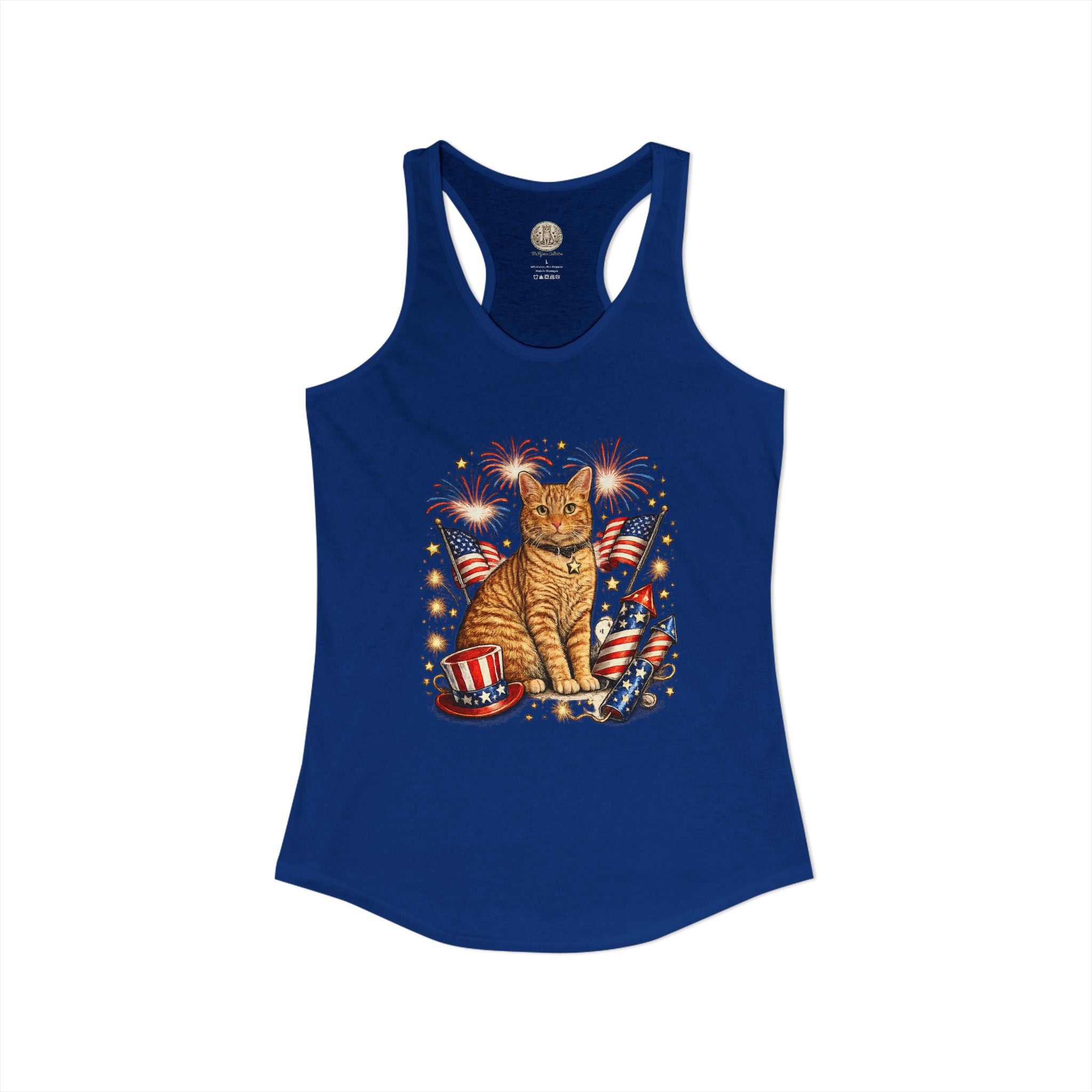Fourth of July Orange Cat Racerback Tank — "Happy Birthday America" Red White Blue