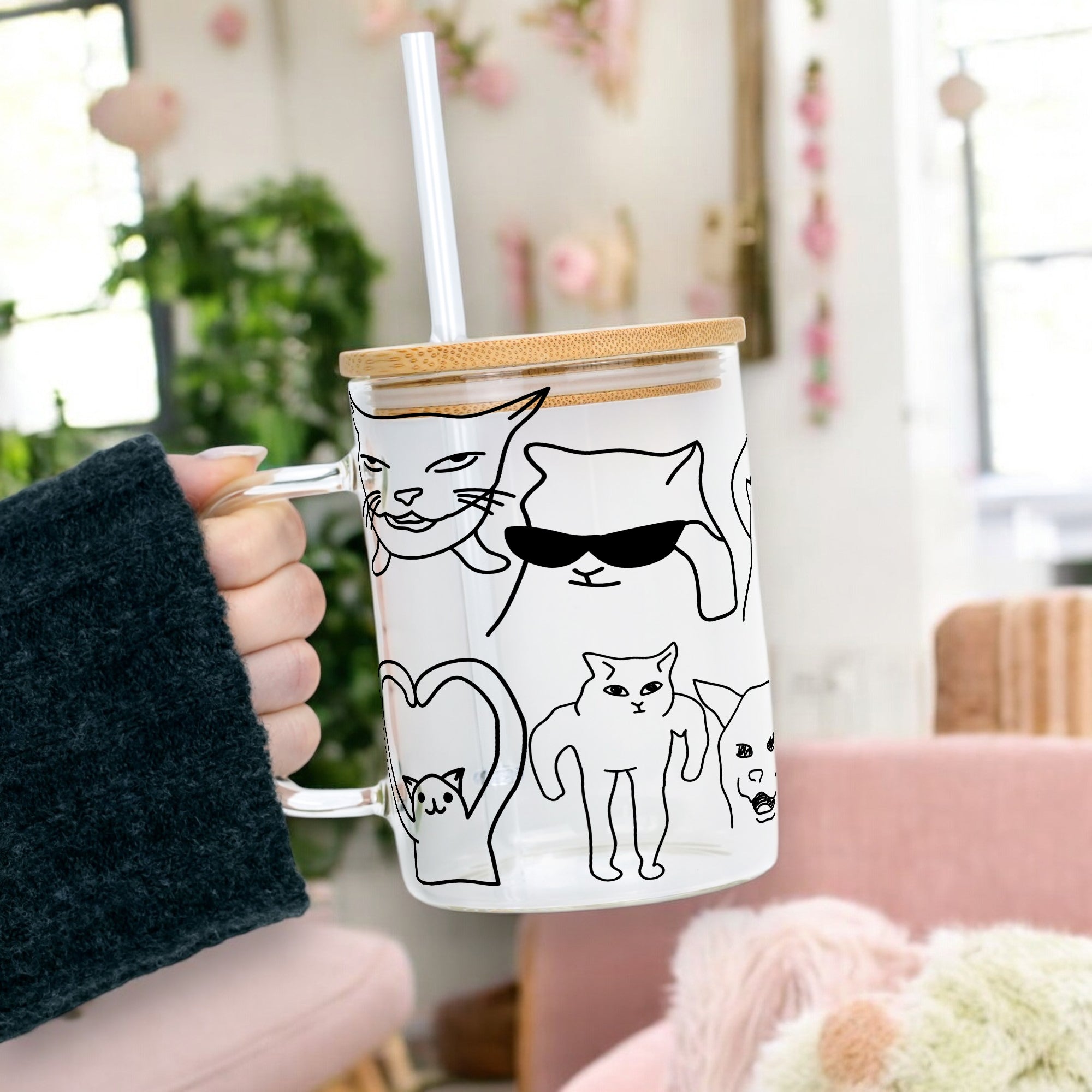 Iconic Meme Cats Glass Cup, Mug & Tumbler with Lid and Straw