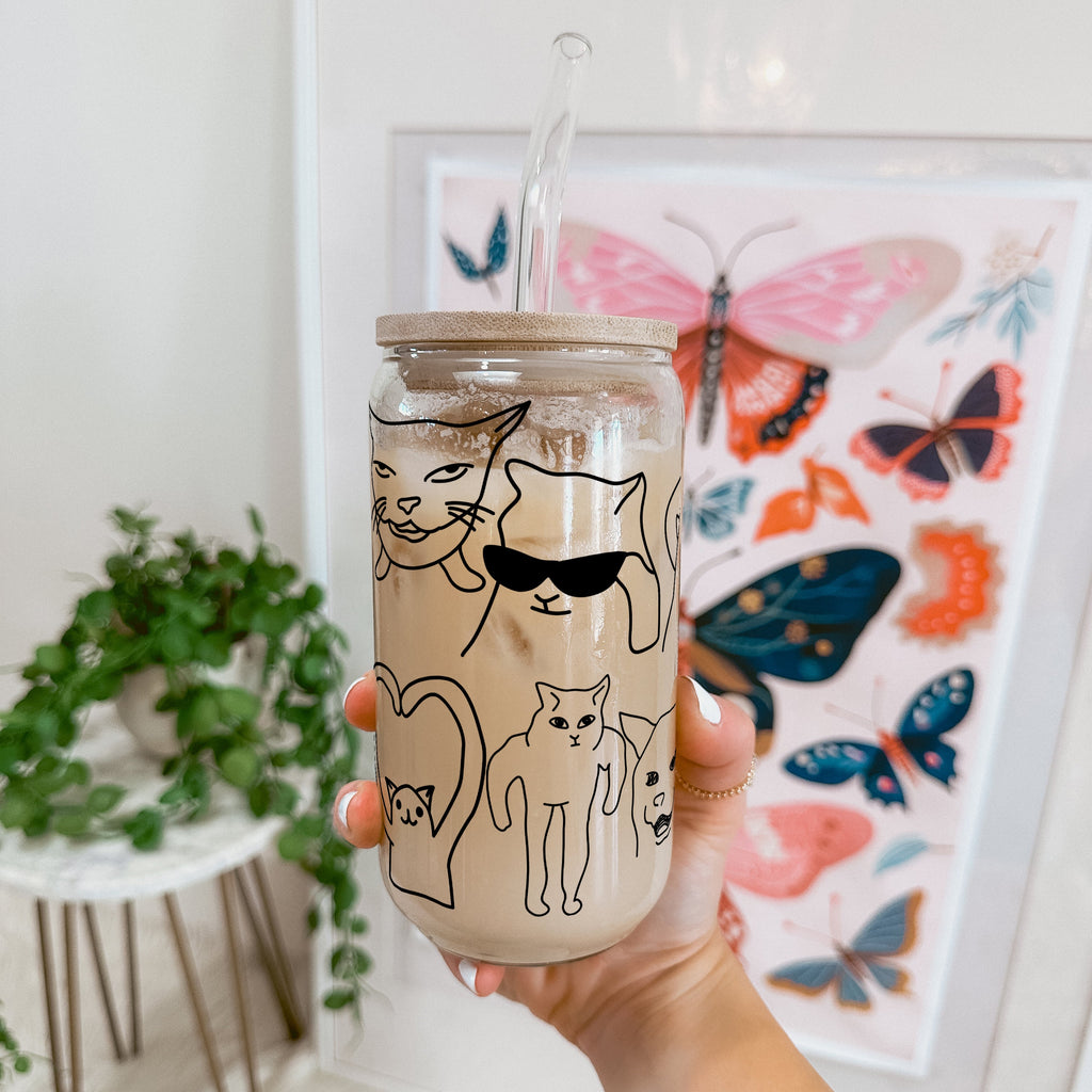 Iconic Meme Cats Glass Cup, Mug & Tumbler with Lid and Straw