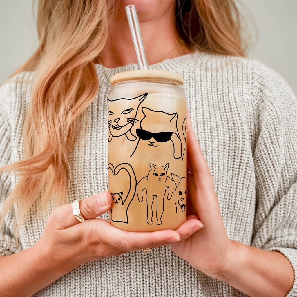 Iconic Meme Cats Glass Cup, Mug & Tumbler with Lid and Straw