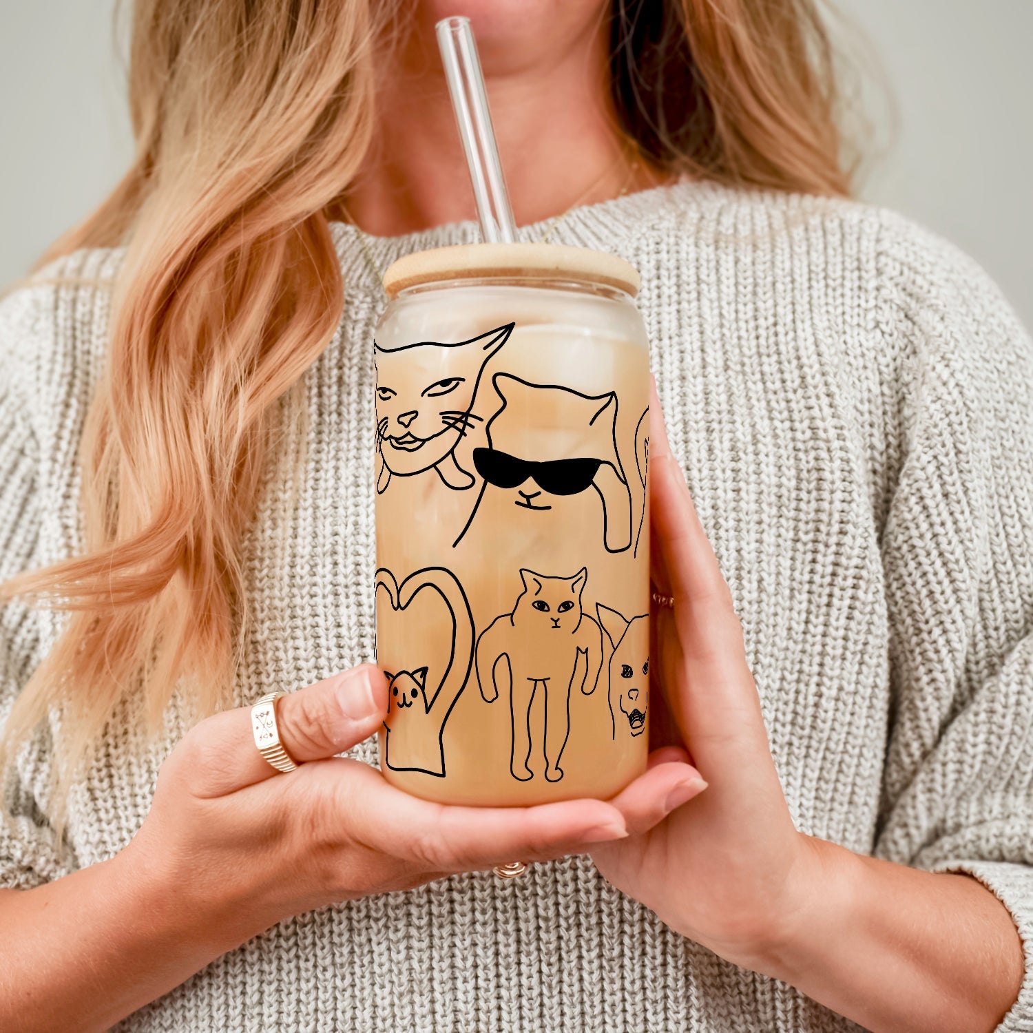 Iconic Meme Cats Glass Cup, Mug & Tumbler with Lid and Straw