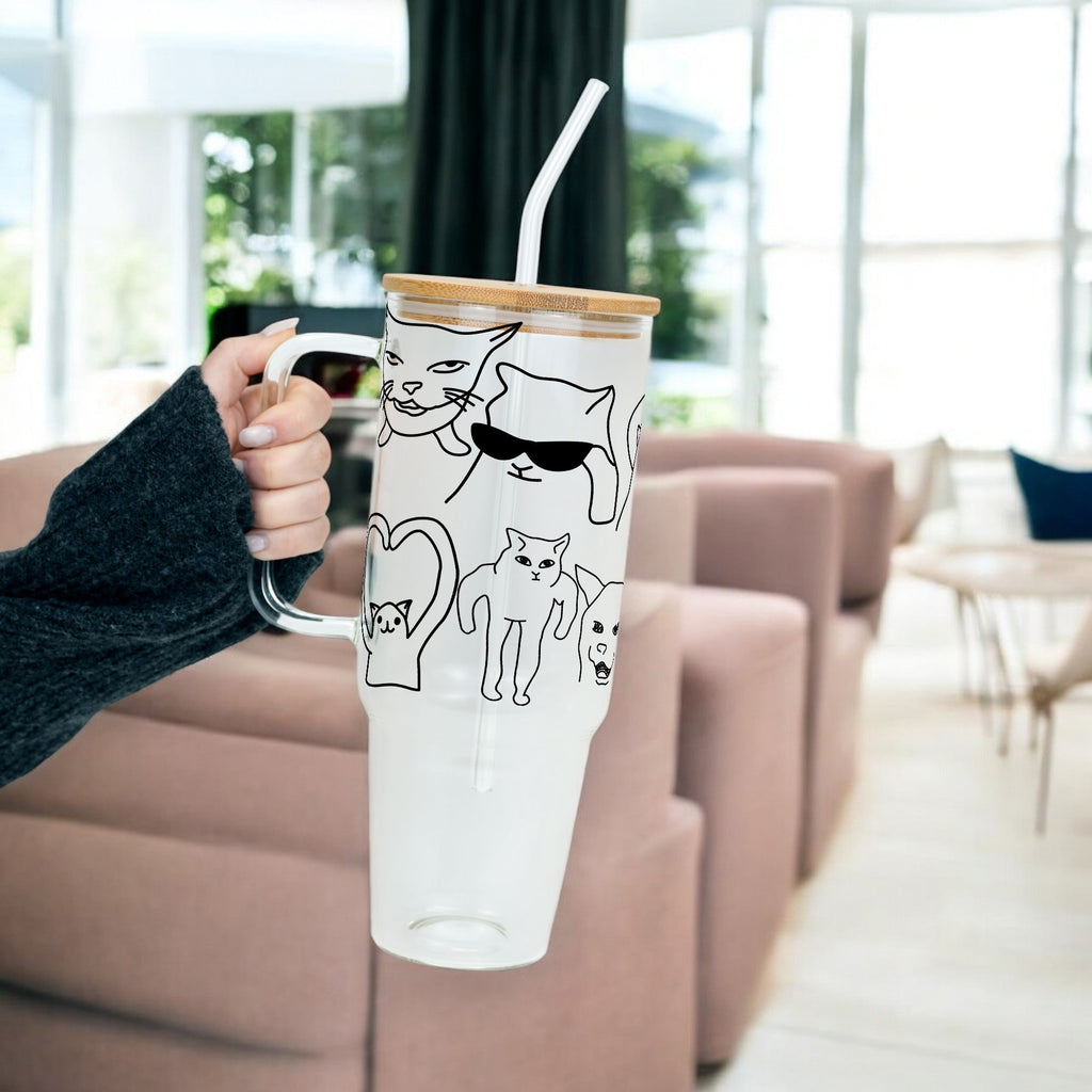 Iconic Meme Cats Glass Cup, Mug & Tumbler with Lid and Straw