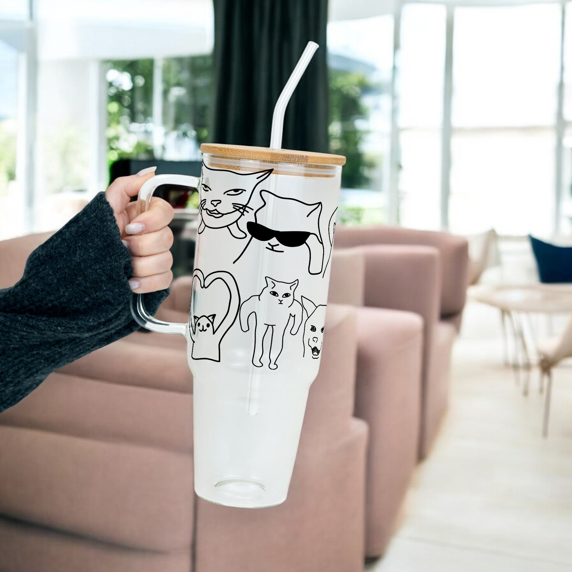 Iconic Meme Cats Glass Cup, Mug & Tumbler with Lid and Straw