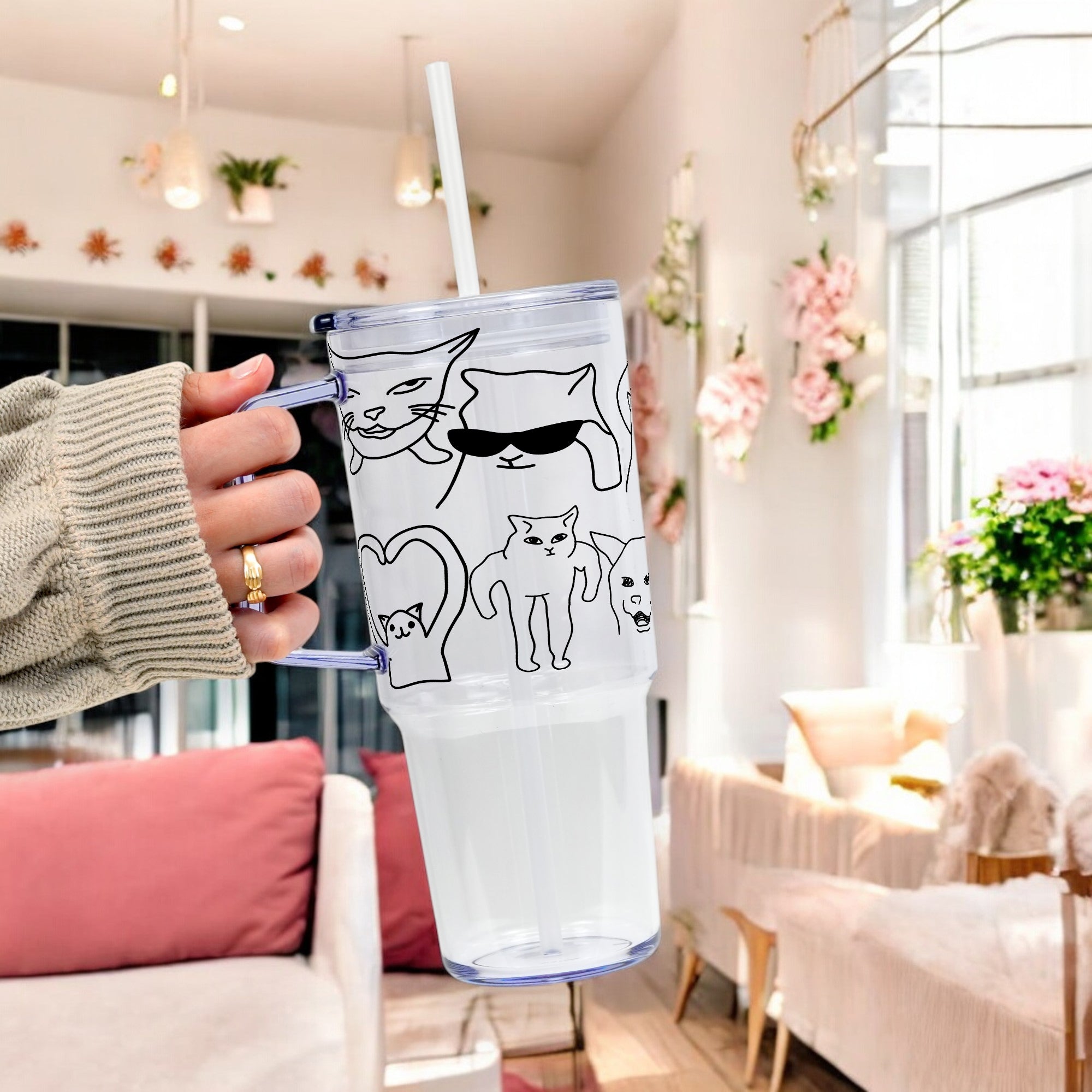 Iconic Meme Cats Glass Cup, Mug & Tumbler with Lid and Straw