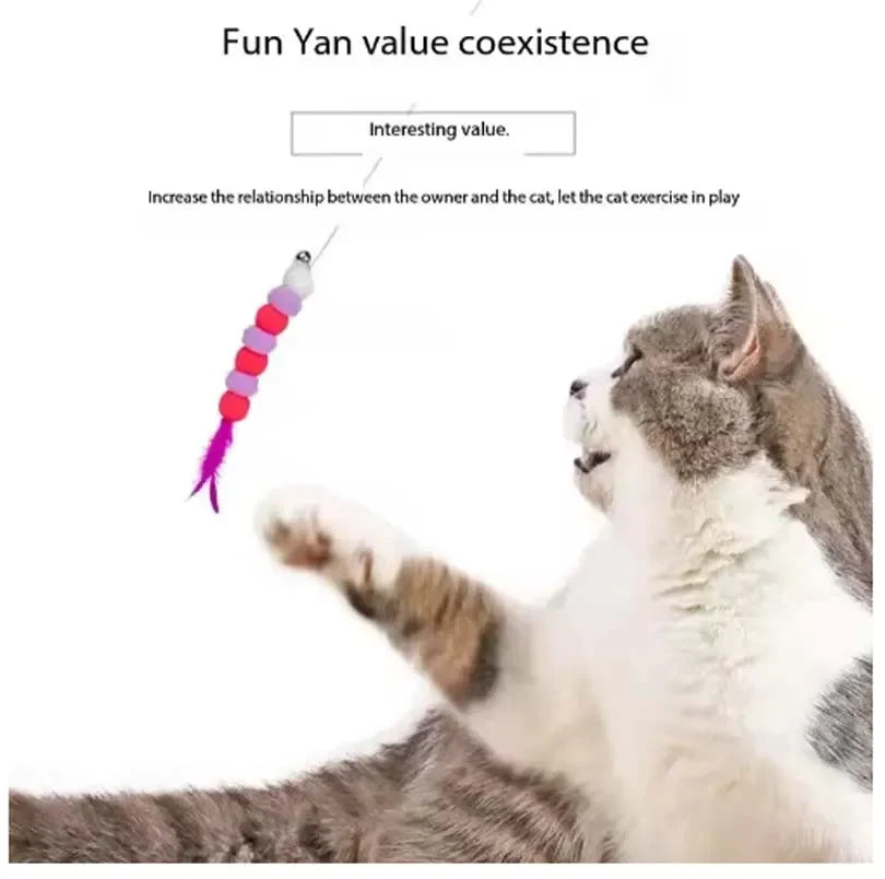 Interactive Cat Teaser Wand with Bell and Feather Toy for Kittens and Cats