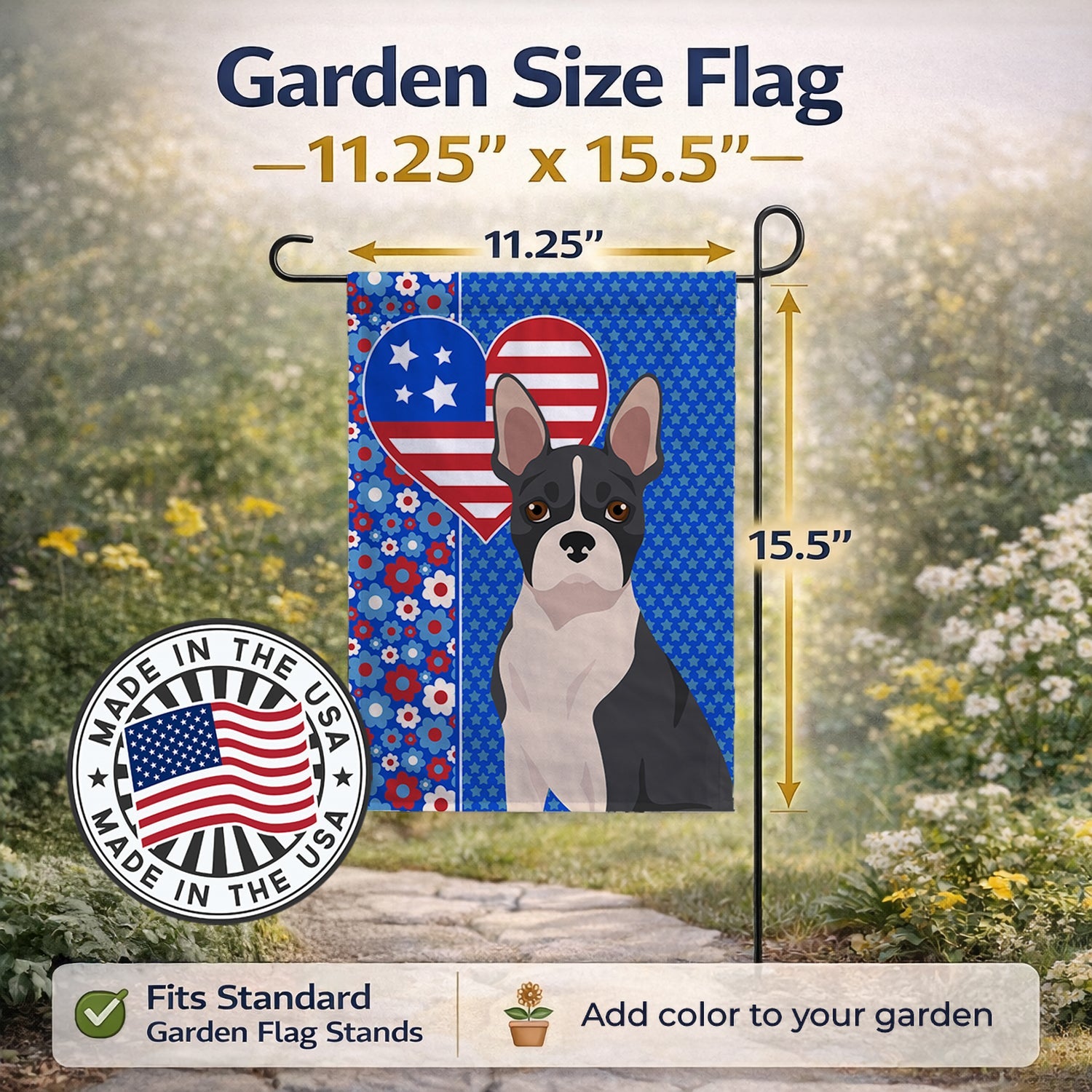 Black Boston Terrier USA American Garden Flag Mailbox Decorative Yard Banner Outside Patio Artwork for Flower Beds, Garden Size, Multicolor